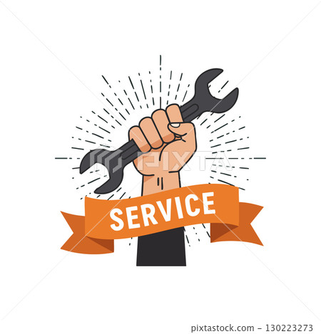 Hand holding wrench with service banner illustration for repair and maintenance concept Hand holding wrench with service banner illustration for repair and maintenance concept 130223273