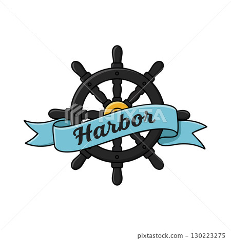 Ship Steering Wheel with Blue Harbor Ribbon Nautical Vector Illustration Design 130223275