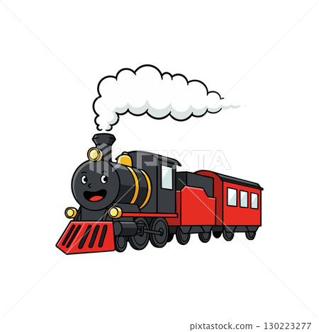 Cartoon style black and red steam train locomotive with smoke vector illustration Cartoon style black and red steam train locomotive with smoke vector illustration 130223277