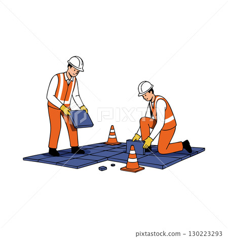 Construction workers laying dark paving tiles with safety cones in orange gear vector illustration 130223293