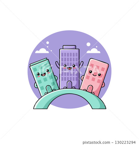 Cartoon happy blue purple and pink buildings on arch vector illustration 130223294
