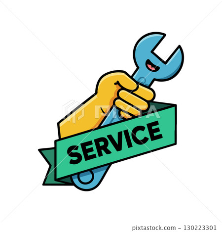 Hand holding wrench with service ribbon banner vector illustration design 130223301