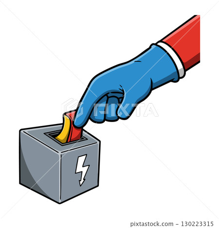 Hand wearing blue glove pulling red lever on grey power switch vector illustration 130223315