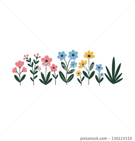 Colorful pink blue yellow flowers with green leaves vector illustration for decoration 130223318