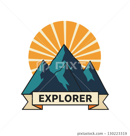 Mountain explorer emblem with sunrise background and banner design vector illustration 130223319