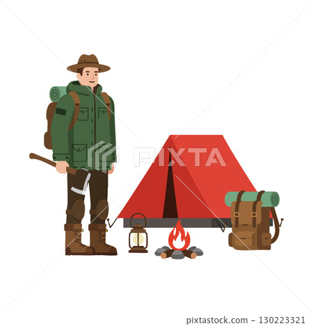 Male camper with hiking backpack and red tent camping outdoor adventure gear vector illustration Male camper with hiking backpack and red tent camping outdoor adventure gear vector illustration 130223321