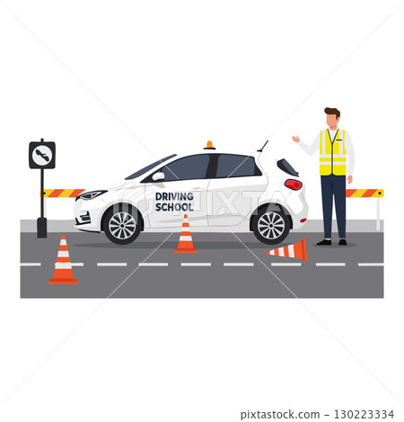 Driving school car with instructor and traffic cones on road for learner training 130223334