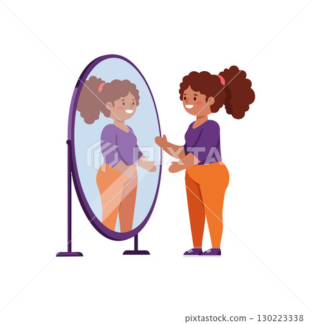 Little girl looking at reflection in oval standing mirror indoor scene vector illustration Little girl looking at reflection in oval standing mirror indoor scene vector illustration 130223338