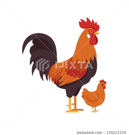 Rooster and Hen Vector Illustration with Orange and Black Feathers in Flat Design Rooster and Hen Vector Illustration with Orange and Black Feathers in Flat Design 130223339