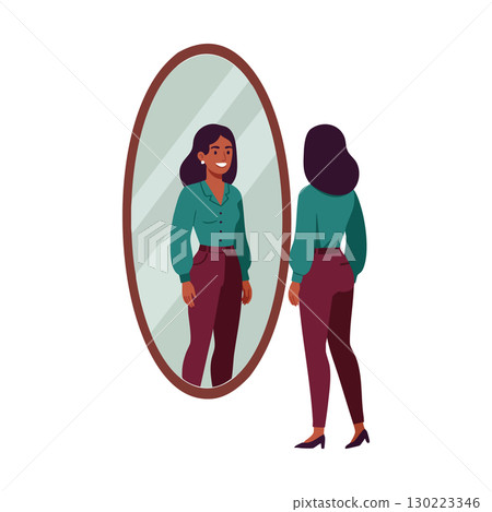 Woman looking at reflection in full length mirror indoor vector illustration smiling confident Woman looking at reflection in full length mirror indoor vector illustration smiling confident 130223346