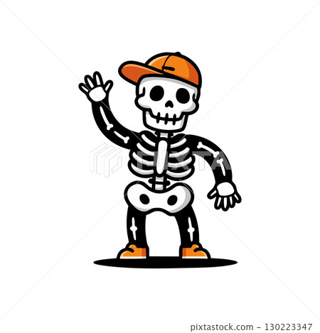 Skeleton character waving hand wearing orange cap and shoes vector illustration 130223347
