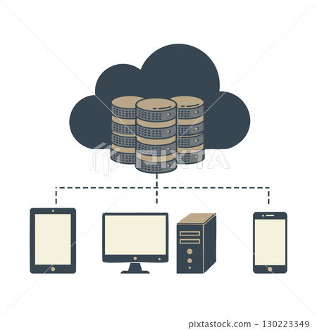 Cloud computing data storage servers connected to multiple digital devices vector illustration 130223349