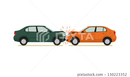 Car Collision Accident Illustration with Green and Orange Vehicles Front Impact Vector 130223352