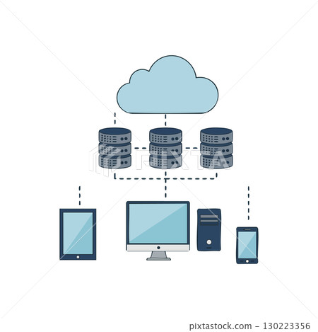 Cloud computing network with servers and multiple digital devices vector illustration 130223356