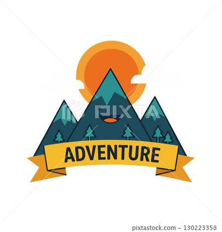 Adventure mountain landscape with sun and happy face banner vector illustration 130223358