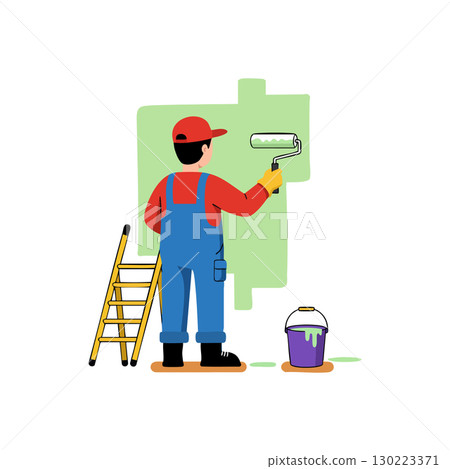 Painter with roller painting wall green with ladder and paint bucket vector illustration Painter with roller painting wall green with ladder and paint bucket vector illustration 130223371