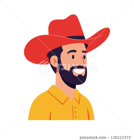 Bearded man wearing red cowboy hat and yellow shirt smiling vector illustration 130223372