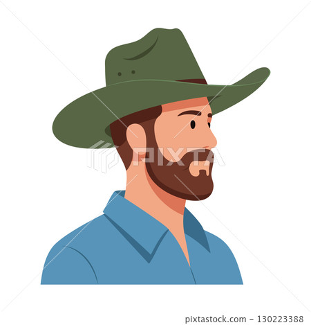 Bearded man wearing green cowboy hat and blue shirt vector illustration profile view 130223388