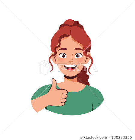 Happy woman giving thumbs up gesture with red hair and green shirt vector illustration 130223390