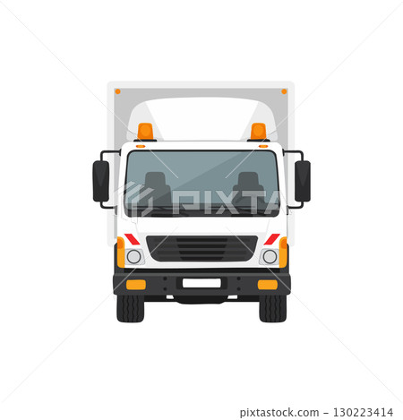 Front view of delivery truck with white cargo box and orange lights vector illustration 130223414