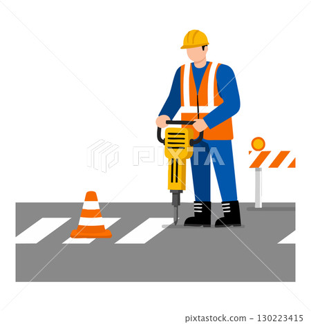 Construction worker using jackhammer on road with safety orange vest and helmet vector illustration 130223415