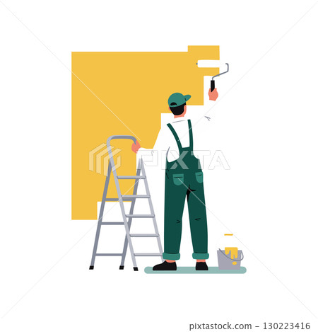 Painter in green overalls painting wall with roller and ladder vector illustration Painter in green overalls painting wall with roller and ladder vector illustration 130223416