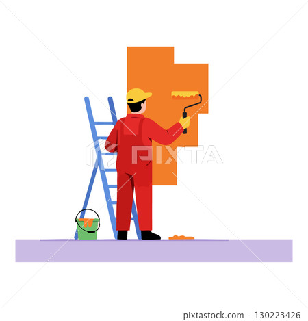 Painter Applying Orange Paint on Wall Using Roller in Red Overalls and Yellow Helmet 130223426