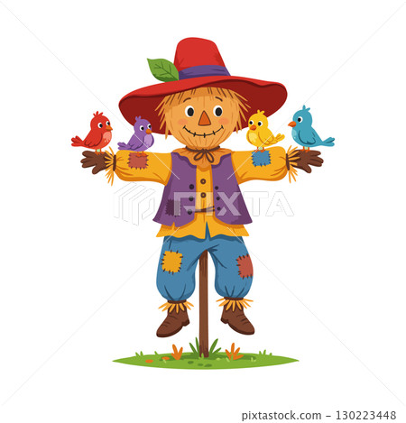 Scarecrow with colorful birds perched on arms vector illustration in countryside setting 130223448