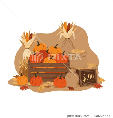 Autumn harvest pumpkins corn sacks fall seasonal decoration vector illustration 130223455