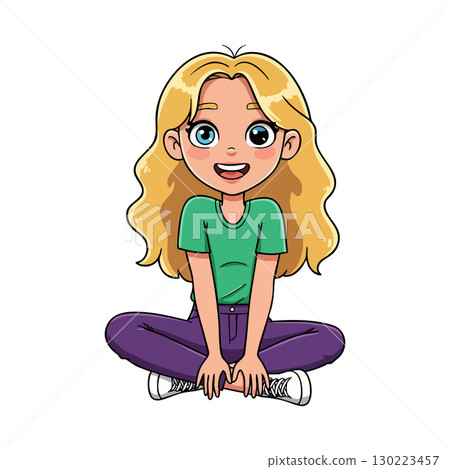 Blonde girl sitting cross legged smiling with casual green shirt and purple pants vector illustration 130223457