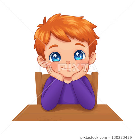 Cute little boy with bright blue eyes resting head on hands at wooden table vector illustration Cute little boy with bright blue eyes resting head on hands at wooden table vector illustration 130223459