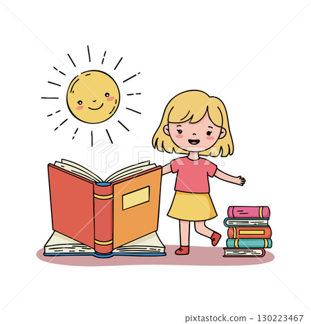 Girl Reading Books Educational Concept with Sun Illustration in Cartoon Style 130223467