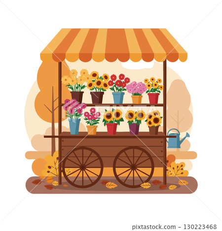 Flower cart with potted plants and autumn leaves in warm orange tones vector illustration 130223468