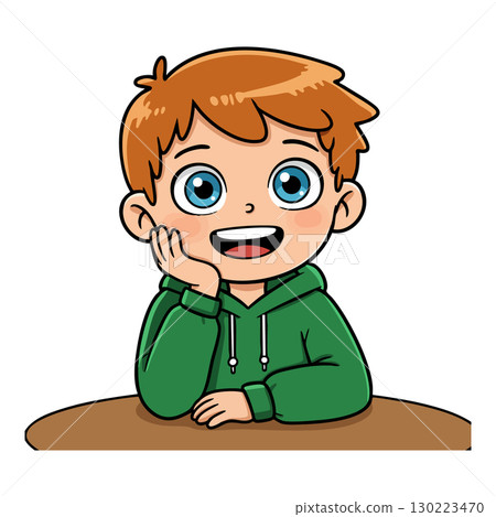 Happy boy with blue eyes and brown hair wearing green hoodie sitting at table vector illustration 130223470