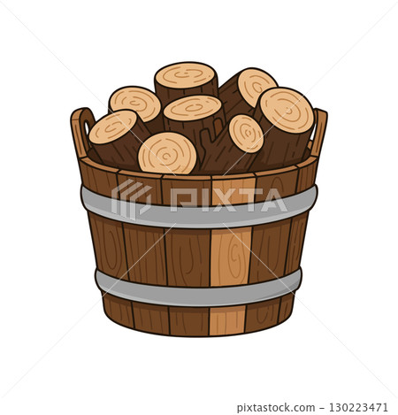 Wooden Bucket Filled with Cut Firewood Logs Rustic Natural Wood Texture Container 130223471