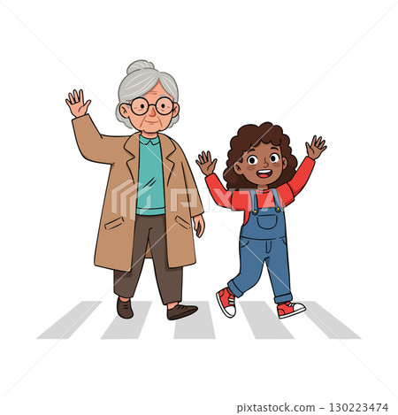 Grandmother and granddaughter walking happily together on pedestrian crossing vector illustration 130223474