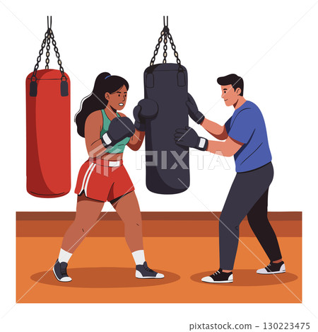Woman boxing with male trainer in gym hitting black punching bag vector illustration 130223475