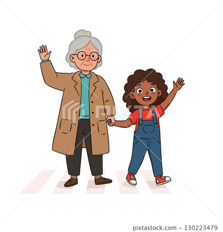 Grandmother and child holding hands waving happily vector illustration in casual clothes Grandmother and child holding hands waving happily vector illustration in casual clothes 130223479