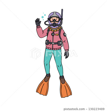 Scuba diver in pink jacket with orange fins underwater waving hand vector illustration 130223489