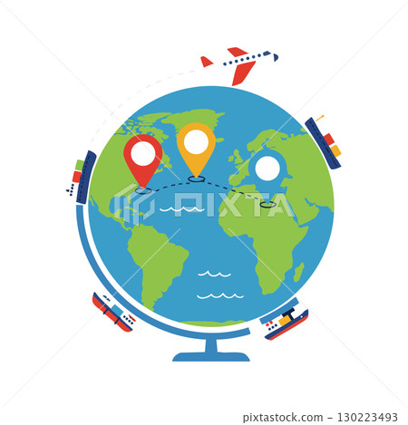 Globe with colorful location pins airplane and ships representing travel and global navigation vector illustration 130223493