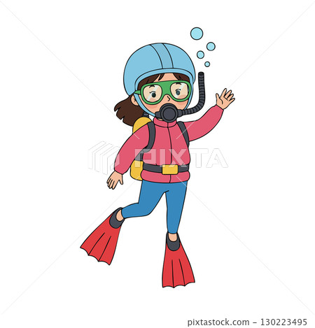 Girl wearing scuba diving gear with helmet snorkel and fins underwater exploration vector illustration 130223495