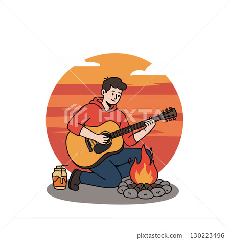 Young man playing acoustic guitar by campfire at sunset vector illustration Young man playing acoustic guitar by campfire at sunset vector illustration 130223496