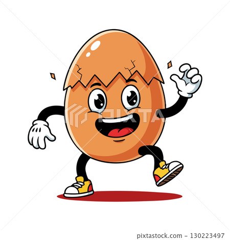 Cartoon cracked egg character with gloves and sneakers happy dancing vector illustration 130223497