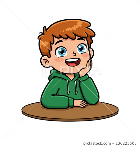Happy boy with green hoodie sitting at table smiling cheerful expression vector illustration 130223505