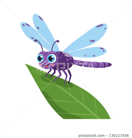 Purple dragonfly with big eyes sitting on green leaf vector illustration 130223506