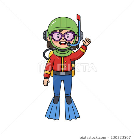 Child scuba diver with green helmet and red suit waving underwater vector illustration Child scuba diver with green helmet and red suit waving underwater vector illustration 130223507