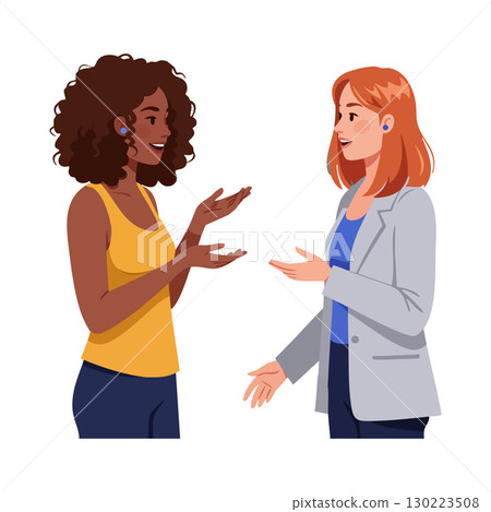 Two women having friendly conversation in casual clothing vector illustration Two women having friendly conversation in casual clothing vector illustration 130223508