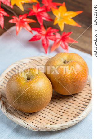 A taste of autumn: Hosui pears (Japanese pears) arranged in a basket A taste of autumn: Hosui pears (Japanese pears) arranged in a basket 130223840