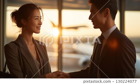 Asian businesswoman and businessman shaking hands at airport terminal during business travel at sunset 130224077