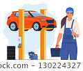 Car repair. Woman auto mechanic near the car lifted on autolifts. Car service and repair, diagnostics. Auto service. Vector illustration. 130224327
